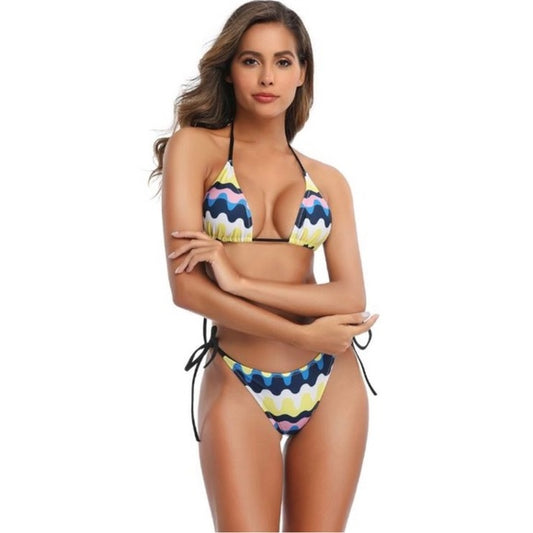 Blue Wave Print High Waist Bikini