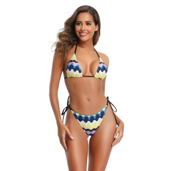 Blue Wave Print High Waist Bikini