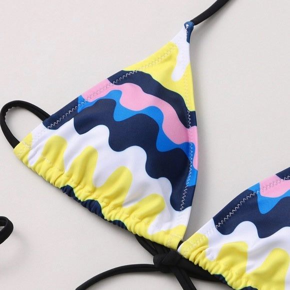 Blue Wave Print High Waist Bikini