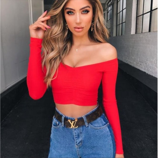 Ribbed Off The Shoulder Long Sleeve Crop Top